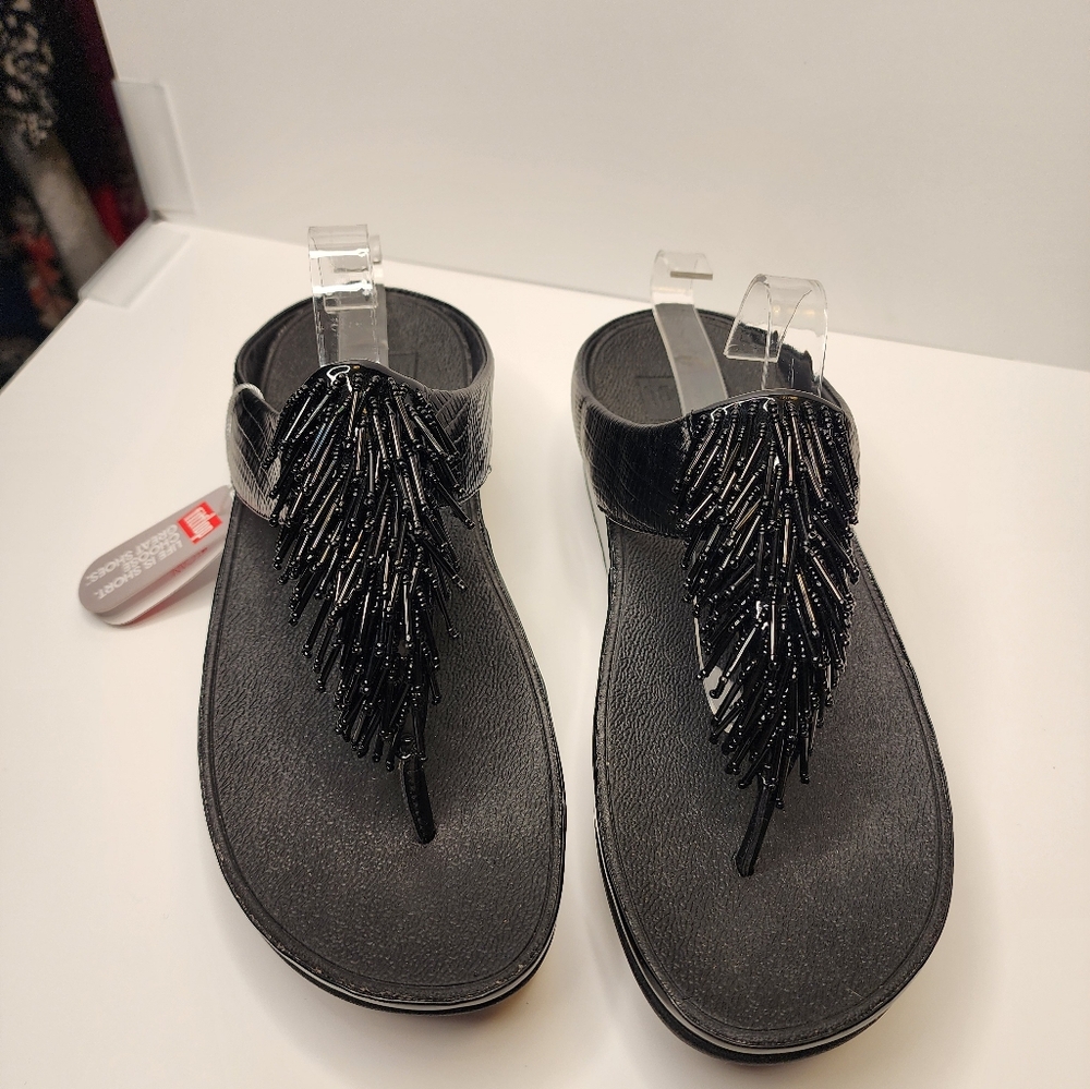 FitFlop Cha Cha Black Embossed & Patent Fringe - Size 8.5/9